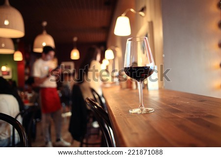 glass with red wine, tasting, restaurant