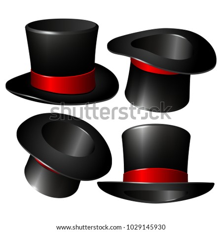 Set of black magician cylinder hats with red ribbon. Magic hats isolated on white background. Vector illustration