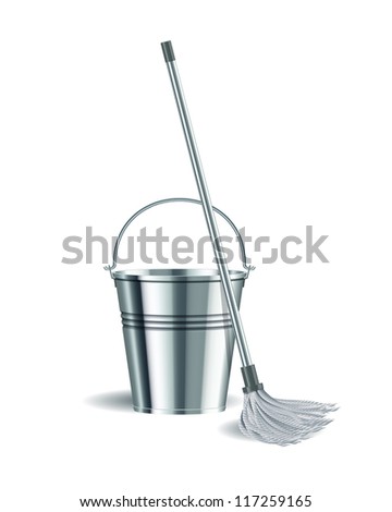 Bucket and mop on white background. Vector illustration