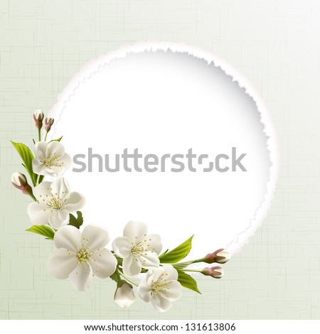 Spring header with white cherry flowers, buds and copy space.