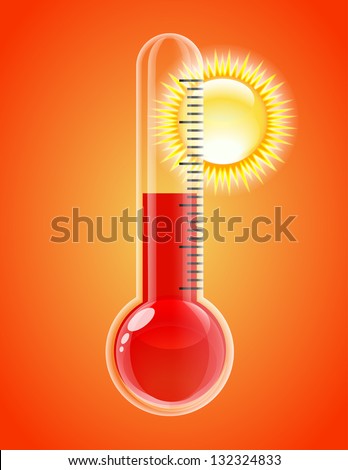 Thermometer with sun. Hot weather. Vector illustration