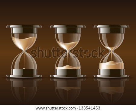 Sand falling in the hourglass in three different states on dark background. Vector illustration