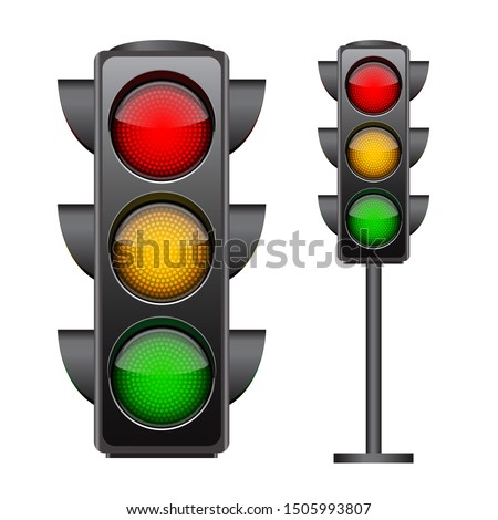 Traffic lights with all three colors on. Photo-realistic vector illustration isolated on white background