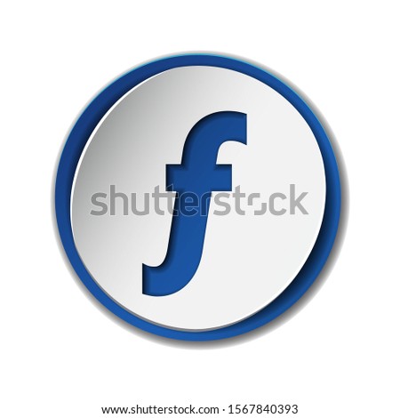 Florin currency vector icon, mathematical function symbol sign, Hungarian Forint sign on round sticker with blue backdrop. Currency symbol isolated on white.