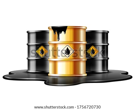 Black and gold barrels with oil drop label on spilled puddle of crude oil. Vector illustration isolated on white background Stockfoto © 