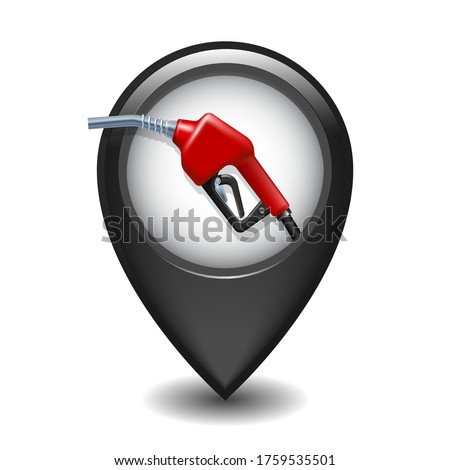 Black Glossy Style Map Pointer With Fuel handle pump nozzle with hose. Business and Service Concept of Petrol Station, Petroleum Station, Filling Station or Gas Station Sign