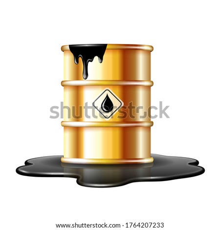 Gold barrel with oil drop label on spilled puddle of crude oil. Vector illustration isolated on white background