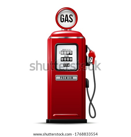 Red bright Gas station pump with fuel nozzle of petrol pump. Realistic Vector illustration isolated on white.