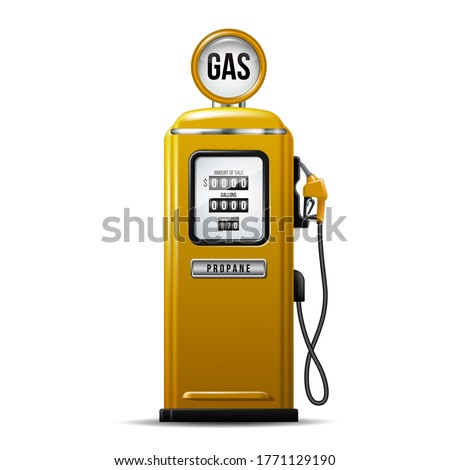 Yellow bright Gas station pump for liquid propane. Realistic Vector illustration isolated on white.