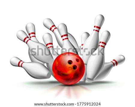 Red Bowling Ball crashing into the pins. Illustration of bowling strike isolated on white background. Vector Template for poster of Sport competition or Tournament.