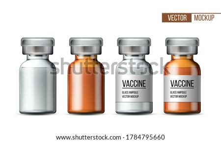 Template of transparent glass medical vial with aluminium cap. Empty glass ampule and ampule with vaccine or drug for medical treatment. Realistic 3d mockups of bottles with medicament for injection.