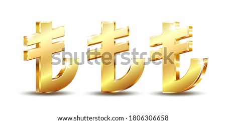 Shiny golden Turkish Lira Sign. TL currency symbol. Turkish Money. Vector illustration isolated on white background