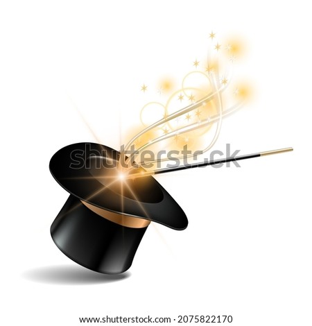 Magic hat and wand with magical gold sparkle trail on white background. Vector illustration