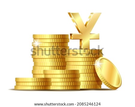 Stack of coins with Shiny golden Yuan currency symbol. Vector illustration isolated on white background.