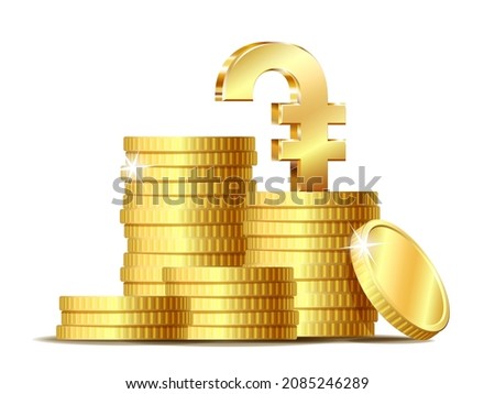 Stack of coins with Shiny golden Armenian dram currency symbol. Vector illustration isolated on white background.