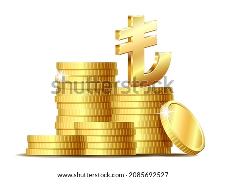 Stack of coins with Shiny golden Turkish Lira Sign currency symbol. Vector illustration isolated on white background.