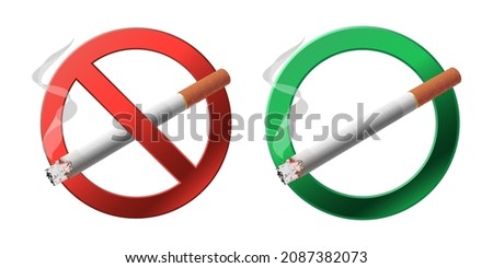 Smoking area and No smoking sign set with realistic cigarette in the forbidden red circle. Symbol of the smoking area isolated on white background