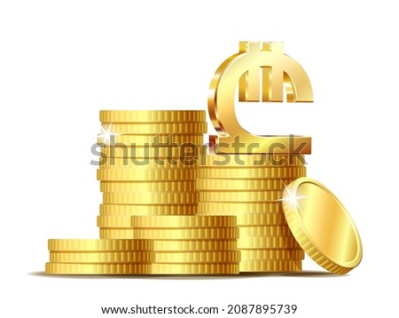 Stack of coins with Shiny golden Georgian lari Sign currency symbol. Vector illustration isolated on white background.