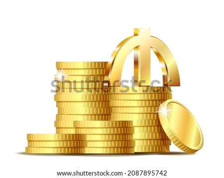 Stack of coins with Shiny golden Azerbaijani manat Sign currency symbol. Vector illustration isolated on white background.