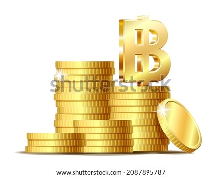 Stack of coins with Shiny golden Thai baht Sign currency symbol. Vector illustration isolated on white background.