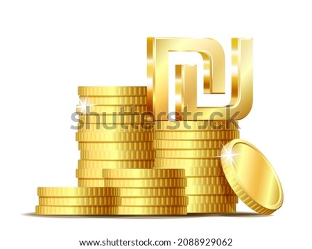 Stack of coins with Shiny golden Israeli shekel Sign currency symbol. Vector illustration isolated on white background.