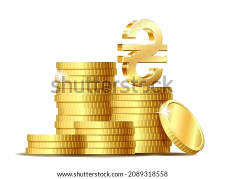 Stack of coins with Shiny golden Ukrainian Hryvnia Sign currency symbol. Vector illustration isolated on white background.