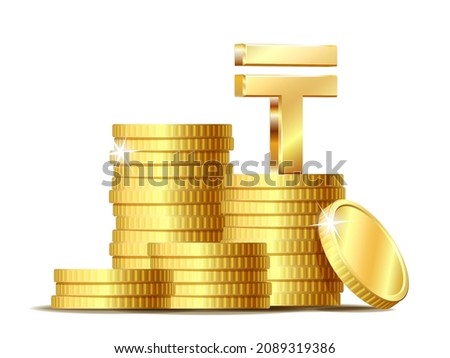 Stack of coins with Shiny golden Kazakhstani tenge Sign currency symbol. Vector illustration isolated on white background.