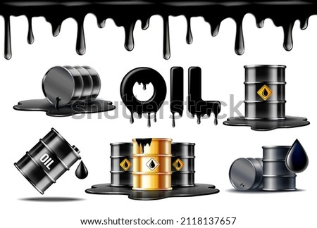 Set of symbols of oil industry. Gold and black barrels with oil drop label on spilled puddle of crude oil. Vector illustration isolated on white background