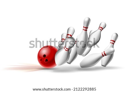 Red Bowling Ball crashing into the pins. Illustration of bowling strike isolated on white background. Vector Template for poster of Sport competition or Tournament.