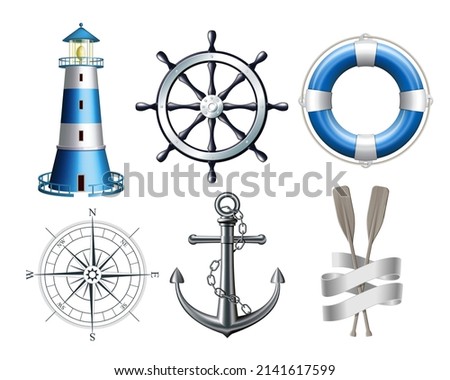 Set of marine, maritime or nautical icons with an anchor, lifebuoy ring, compass rose, lighthouse, paddles and ships steering wheel isolated on white. Vector illustration