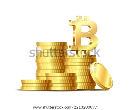 Stack of gold coins with Golden bitcoin sign. Crypto currency symbol isolated on white background. Realistic vector illustration.