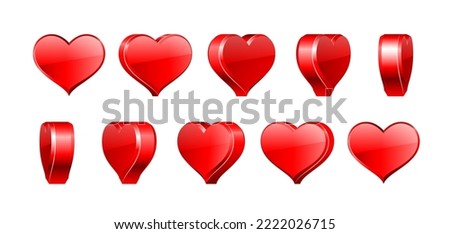 Set of Hearts suit cards. The suit of playing cards is rotated at different angles. 3d Vector symbols for casino, apps and websites or game design
