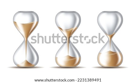 Sand falling in the hourglass in three different states on white background. Vector illustration