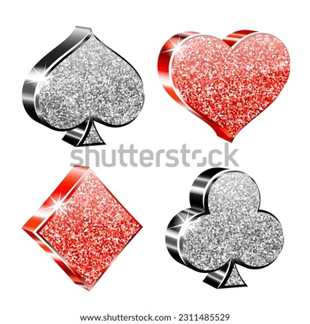 Classical Suit of playing cards. Illustration with glitter, shining dust. Vector icons. Symbols isolated on white background
