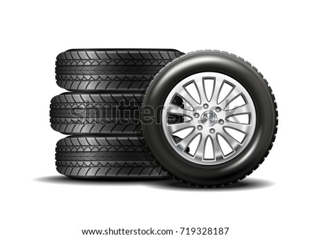 Stacked car wheels. Four black rubber tires on a white background. Vector illustration