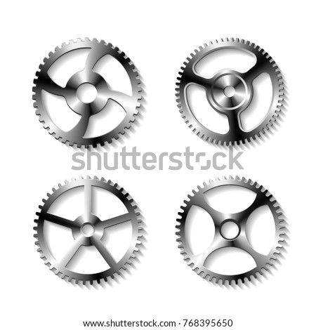 Set of realistic metal gears on a white background. Vector illustration