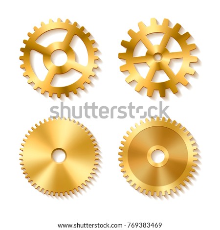 Set of realistic golden gears isolated on a white background. Vector illustration