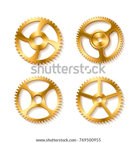 Set of realistic golden gears isolated on a white background. Vector illustration