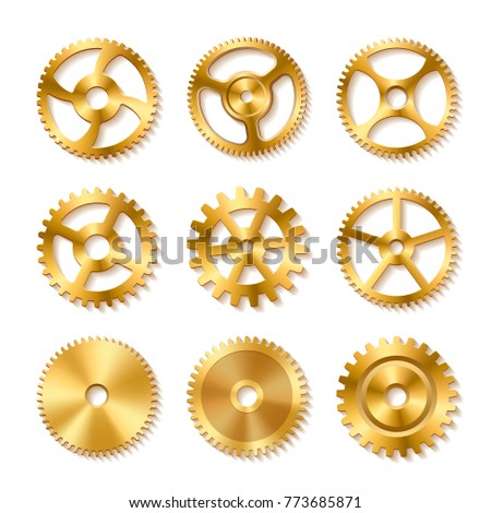 Set of realistic golden gears isolated on a white background. Vector illustration