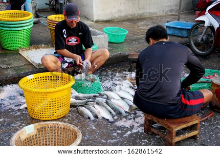 CHONBURI, THAILAND-NOVEMBER 10, 2013: Workers are knitted fish scales at Angsila fish market, where innumerable fishing boats are gathering, located 5 km from Chonburi, Thailand. November 10 2013