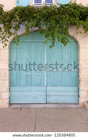 Old wooden garage door, rounded top, painted in turquoise, surrounded by ivy tendrils