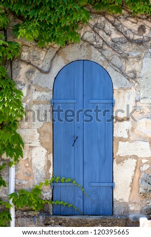 Old narrow door, blue painted in an ancient house block stone wall, surrounded by ivy tendrils. France, Provence