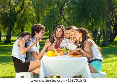 Group of young college friends sitting around a table picnicking in a park smiling and chatting together as they spend a relaxing summer day.