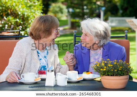 Two Happy Elderly Women Chatting at the Garden Table with Coffee and Snacks While Holding their Hands.