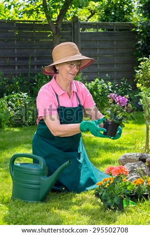 Middle-aged woman in a straw sunhat and glasses admiring a potted plant as she kneels on the green spring lawn in her garden preparing to transplant the flowers into a flowerbed