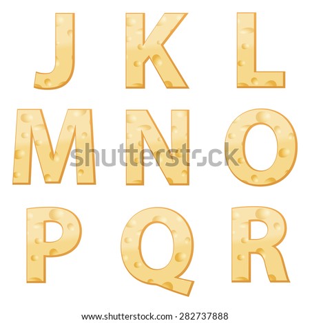 Cheese alphabet J to R on a white background. Vector illustration.