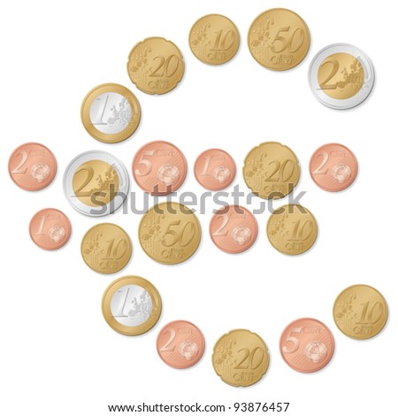 Euro symbol formed by euro coins on a white background. Vector illustration.