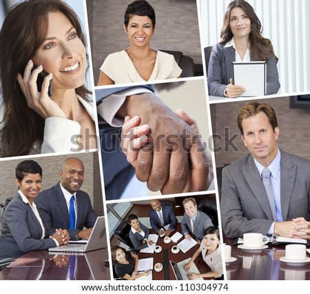 Smiling happy businessmen and women in a meeting, on computer phone shaking hands