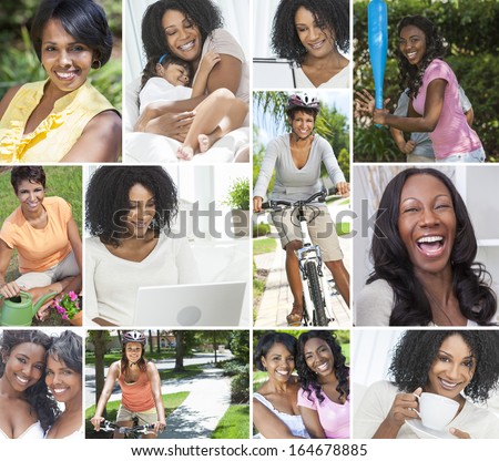 Montage of female African American beautiful women girls family enjoying a healthy active lifestyle, cycling, gardening, relaxing at home on laptop computer and drinking tea or coffee