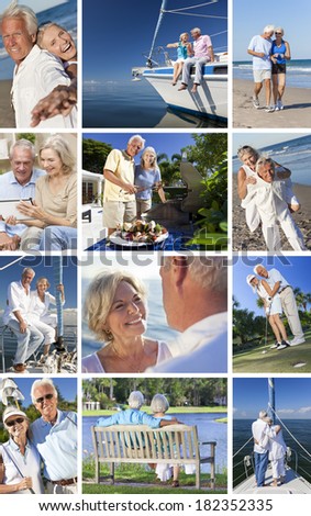Montage of happy old senior man woman couples enjoying active retirement lifestyle on beach, gardening, playing golf & sailing on luxury yacht boat.